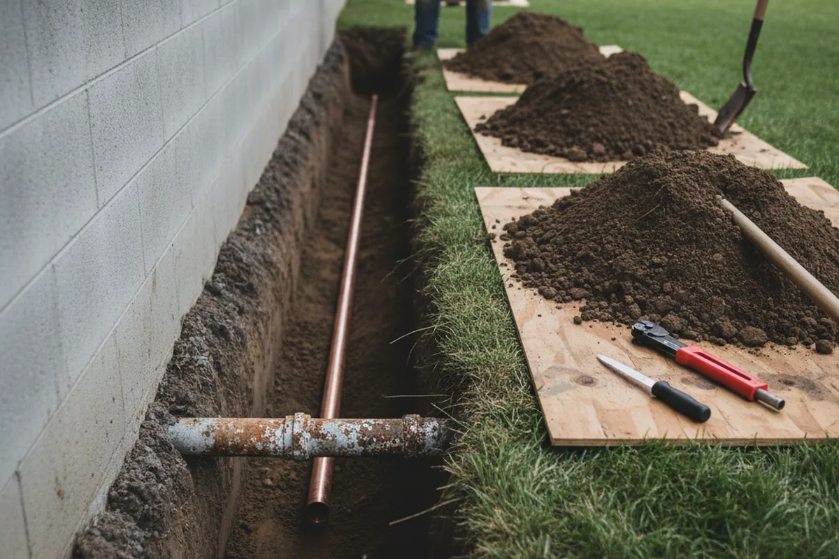 Excavated water line trench during Water Softener Installation in West Newfield